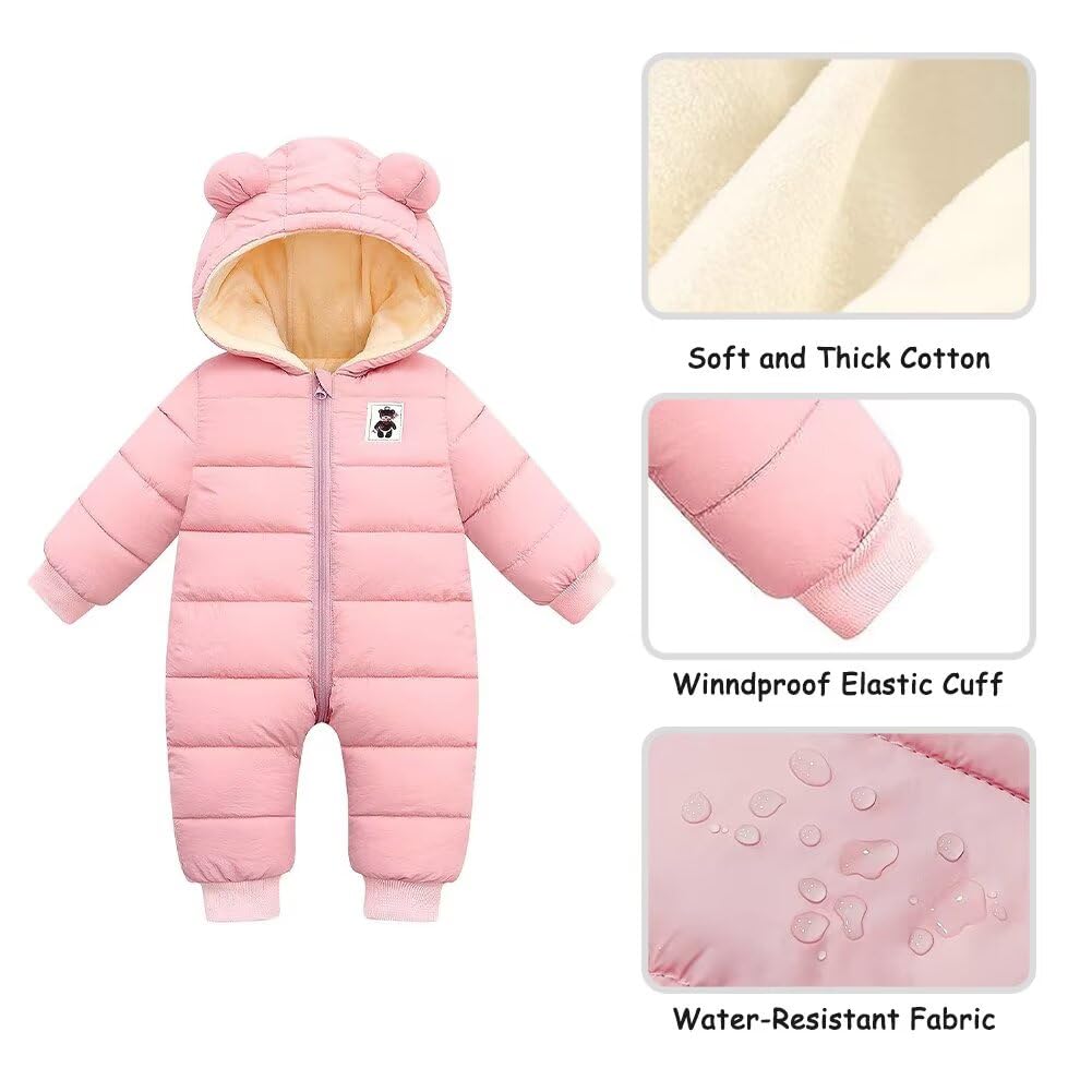 BYFRI Baby Boys Girls Snowsuit Newborn Cozy Winter Coat Infant Bear Hooded Jumpsuit Toddler Snow Outfit for 0-24 Months