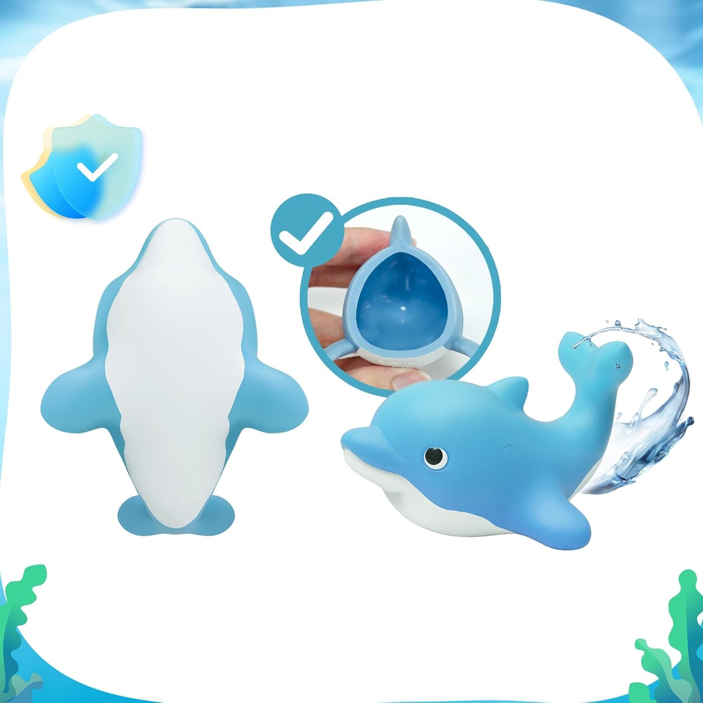 6-Pcs Ocean Bath Toys for Toddlers 1-3, No Hole Mold Free Bathtub Toys, Whale Shark Dolphin Penguin Sea Animal Set for Baby Bath Time or Pool Water Play