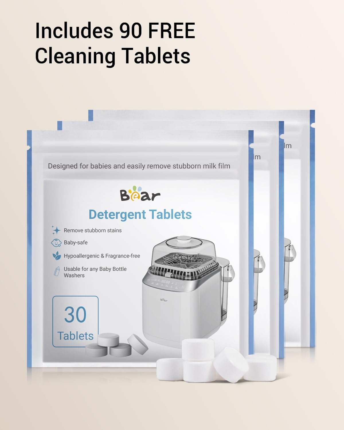 Bear Bottle Washer Pro, Baby Bottle Washer and Sterilizer and Dryer - All in One Machine for Bottles, Pump Parts & Baby Essentials with 90 Detergent Tablets - Effortless, Time-Saving