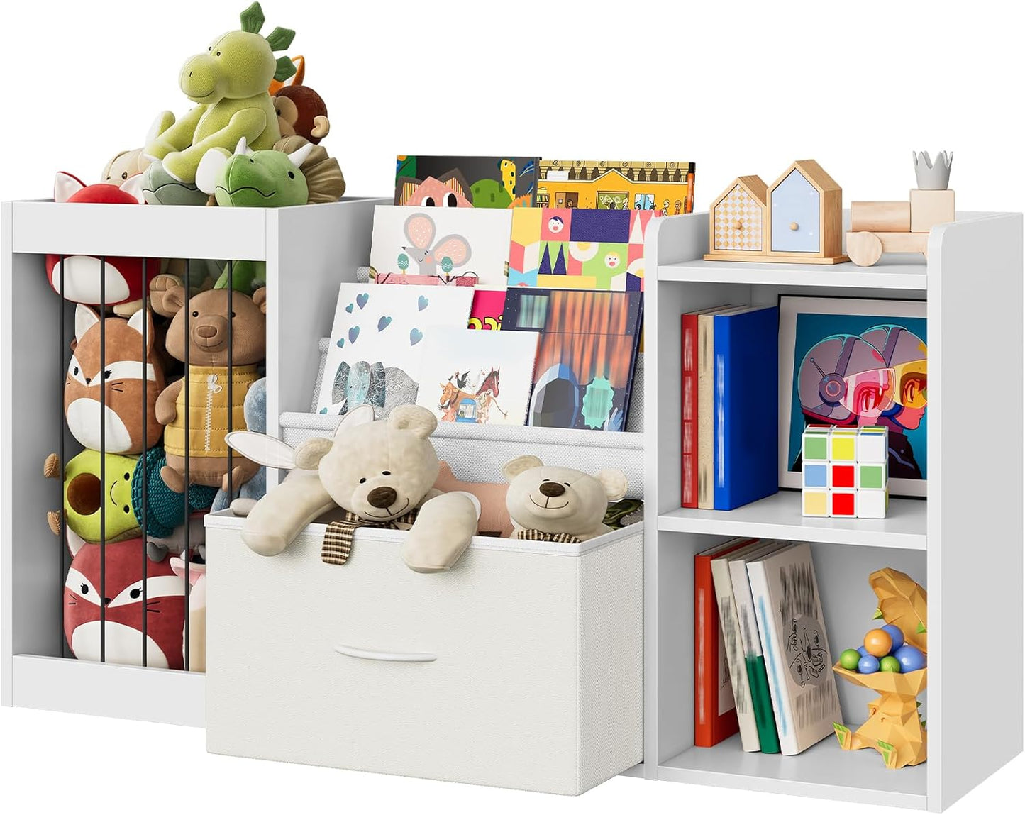 CHOEZON Kids Bookshelf, Children's Toy Storage Rack with Drawer, Display Shelf with Stuffed Animal Organizer, Toddler Bookcase with 3 Shelves, for Bedroom, Playroom, Living Room, White MCW21WB