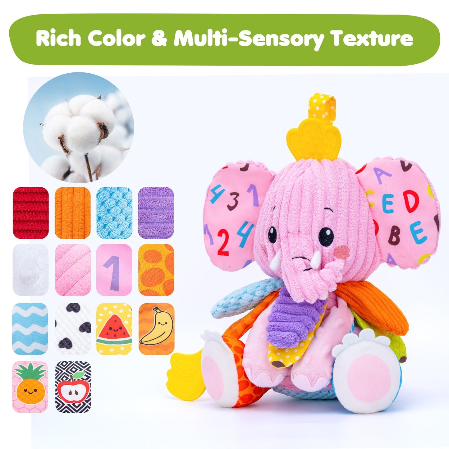 Baby Toys 3-6 Months, Musical Stuffed Elephant Toddler Toy for Newborn Infant 3 6 9 12 Months, Tummy Time Toys Montessori Sensory Toys 0-6 6-12 Months, Crinkle Paper, Mirror Soothing Music Shower Gift