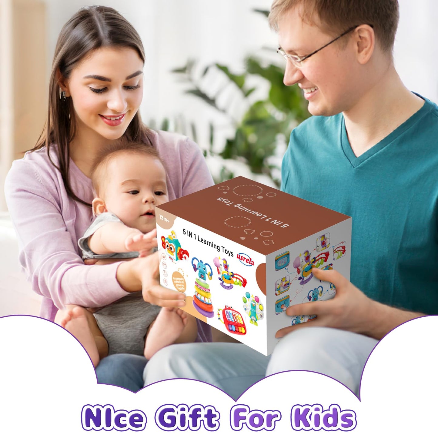 usrela 4 in 1 Baby Toys for 6 12 18 Month, Learning Toys for Babies 6-12 Months, Busy Cube, Stacking Sorter, Piano Xylophone Pull String Travel Toy, Birthday Gifts for Toddlers 1 2 Years Old