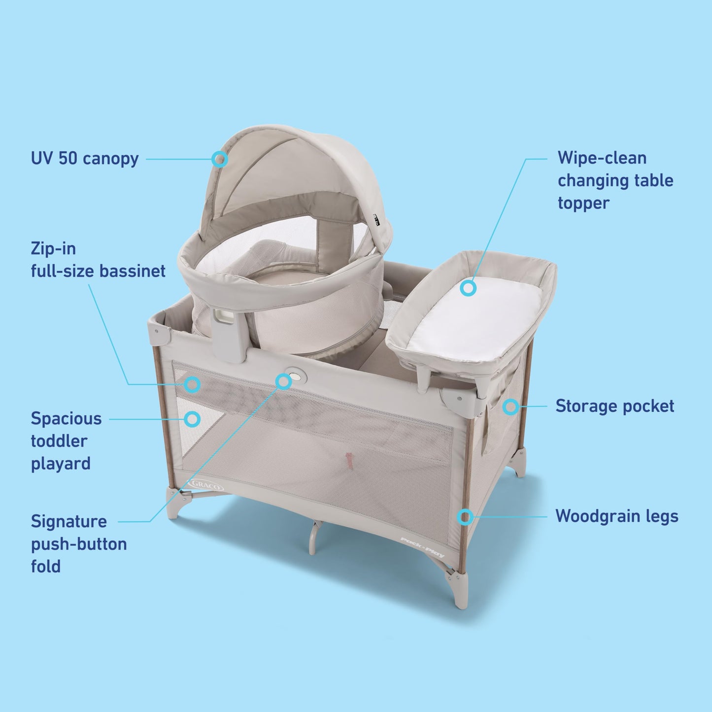 Graco® Pack n Play Dome LX Playard with Baby Bassinet Lightweight Portable Crib Push-Button Fold Travel Crib Redmond Convertible