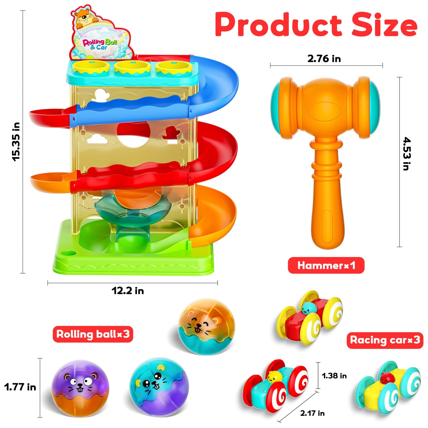 2-in-1 Rolling Ball & Car Ramp Race Track for Toddlers, Hammer Ball Drop Toy for Boys & Girls, Interactive Playset w/Sensor Lights - Montessori STEM Learning Toys for Kids 1-5+ Year Old