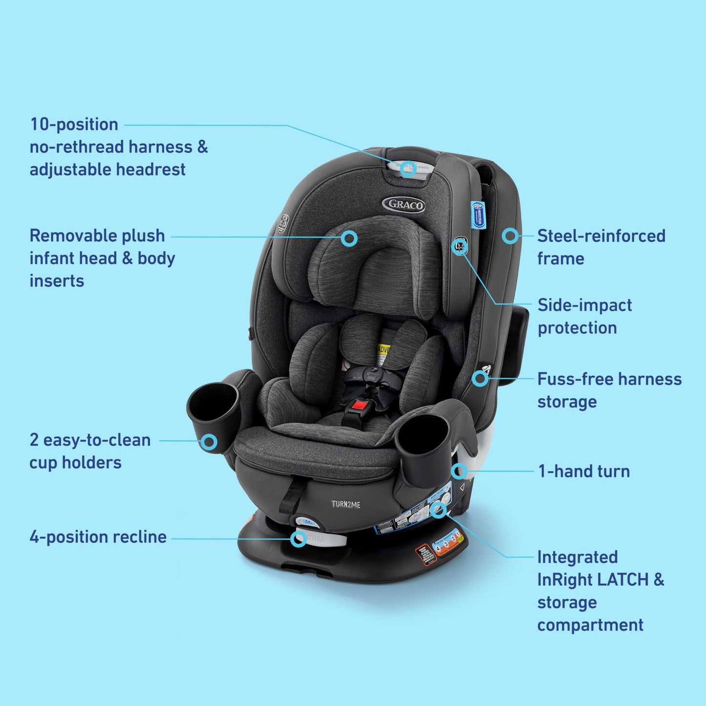 Graco Turn2Me 3-in-1 Rotating Convertible Car Seat, Manchester, Rear-Facing Rotation Only, Forward-Facing Mode, Highback Booster Up to 100 lbs, Adjustable Headrest & Harness, Steel Reinforced Frame
