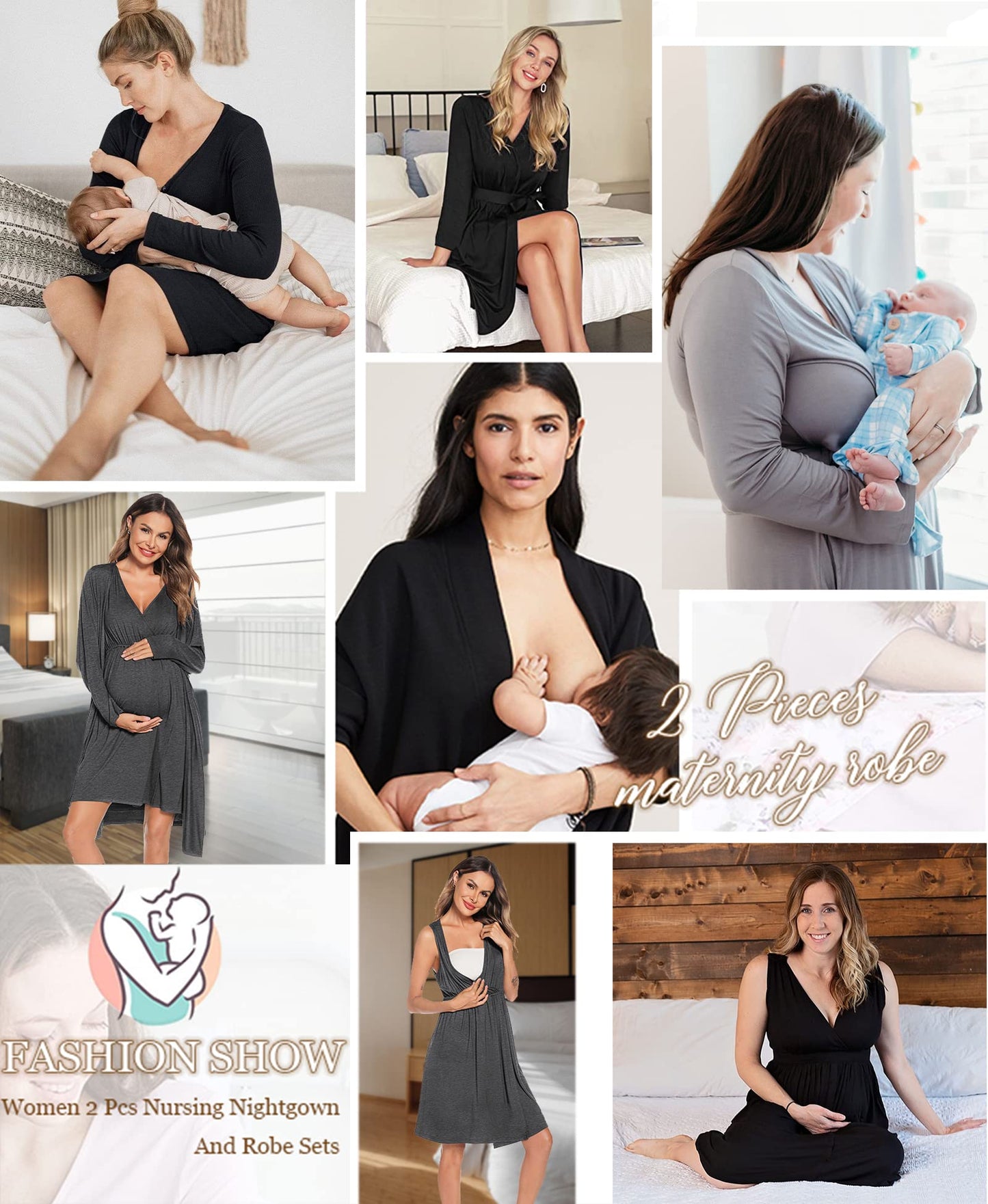 SWOMOG Women Maternity Nursing Gown and Robe Set 3 in 1 Labor Delivery Nursing Nightgown for Breastfeeding Hospital Bathrobe