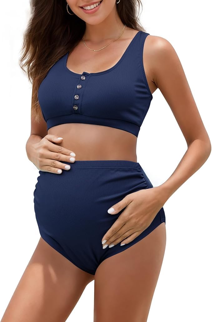 Zando High Waist Maternity Swimsuit Two Piece Pregnancy Swimwear Bikini Bathing Suits for Women Maternity Swimsuits