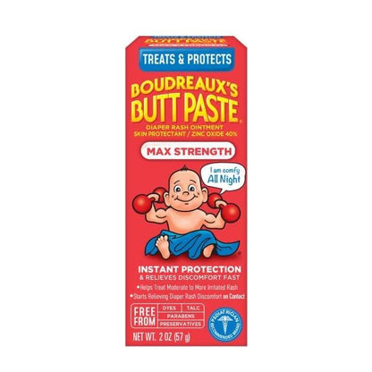 Boudreaux’s Butt Paste Max Strength Diaper Rash Cream for Baby, Ointment With Zinc Oxide, 2 oz Tube
