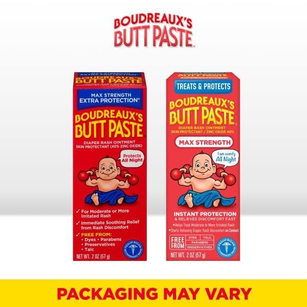 Boudreaux’s Butt Paste Max Strength Diaper Rash Cream for Baby, Ointment With Zinc Oxide, 2 oz Tube