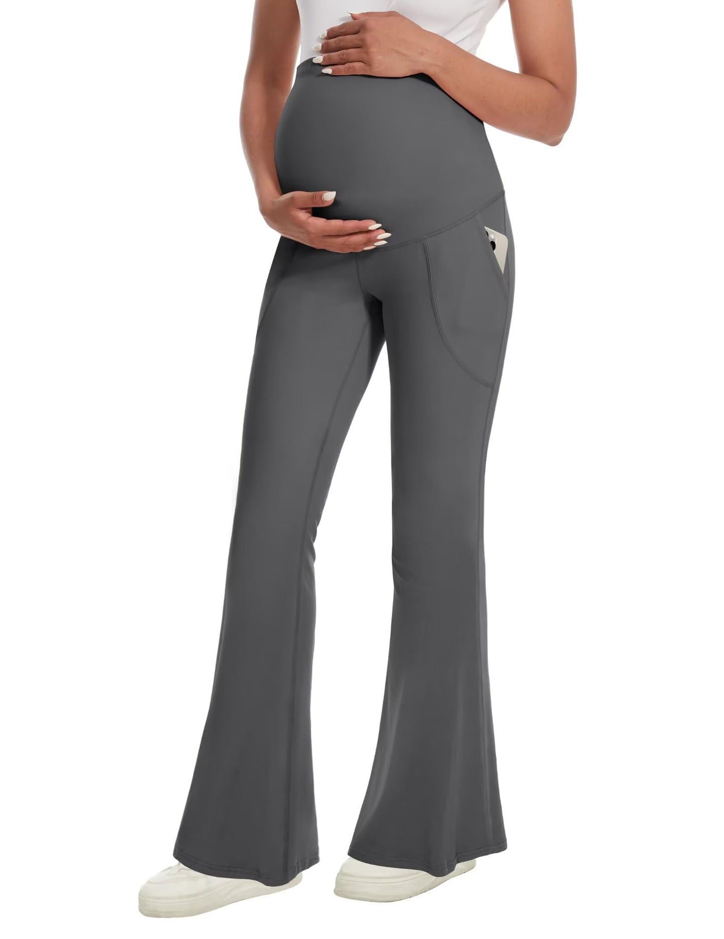Fotociti Maternity Flare Leggings with Pockets, Women’s Soft Pregnancy Pants Over The Belly For Yoga Workout Active