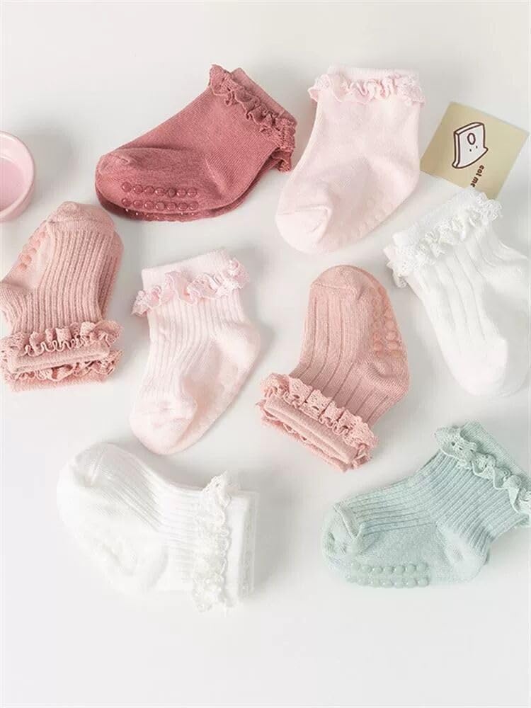 DRESHOW BQUBO Baby Girls Toddler Anti Slip Socks - Cute Frilly Ruffle Grip Ankle Socks for Infant Toddler
