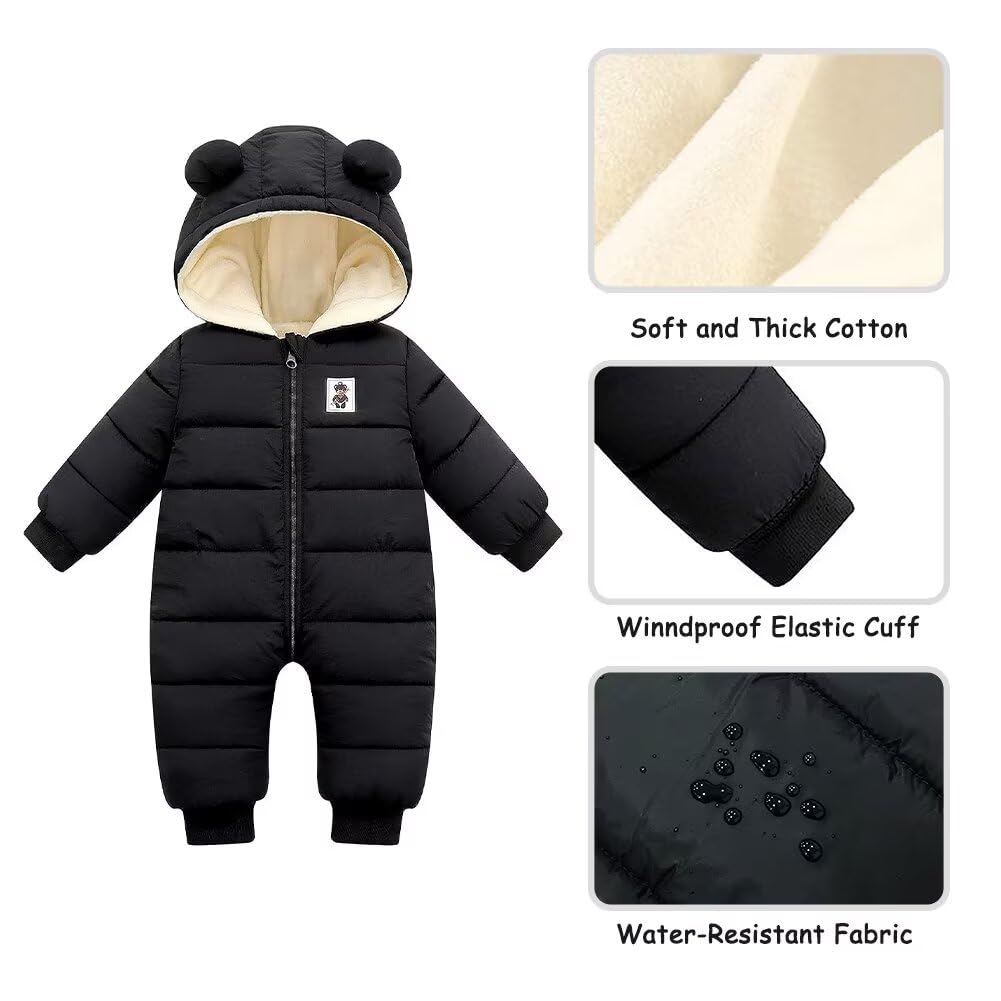 BYFRI Baby Boys Girls Snowsuit Newborn Cozy Winter Coat Infant Bear Hooded Jumpsuit Toddler Snow Outfit for 0-24 Months