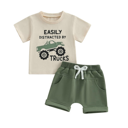 WZTYYDS Toddler Baby Boy Summer Clothes 2T 3T 4T 5T Boys Outfit Letter Truck Short Sleeve T-Shirt Tops + Shorts Set