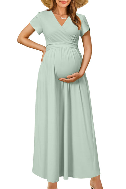 OUGES Maternity Maxi Dress Wrap Baby Shower Pregnancy Dresses for Photoshoot Maternity Outfits Summer Clothes 2026