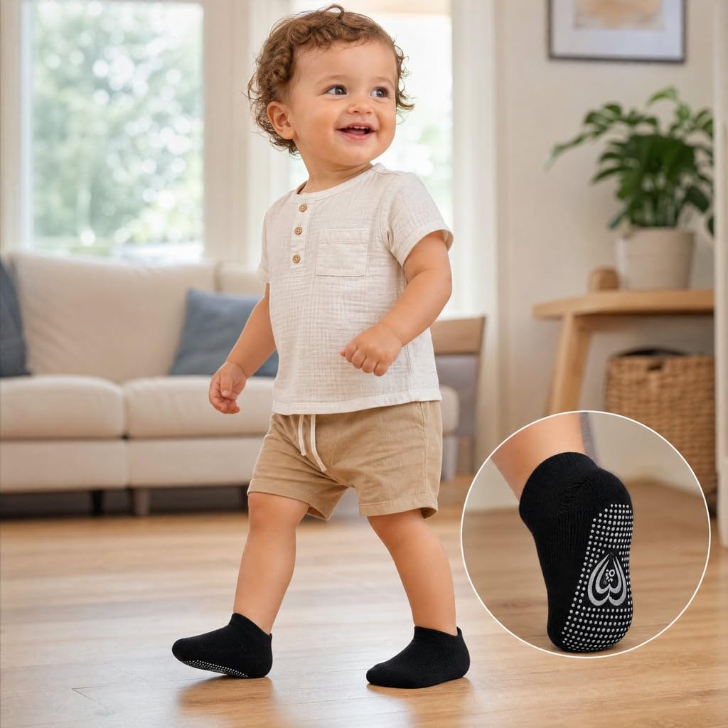 Bamboo Baby Non Slip Ankle Socks - Soft Cotton for Sensitive Skin (6 Pairs, Mixed Colors, Infants-Toddlers-Kids)