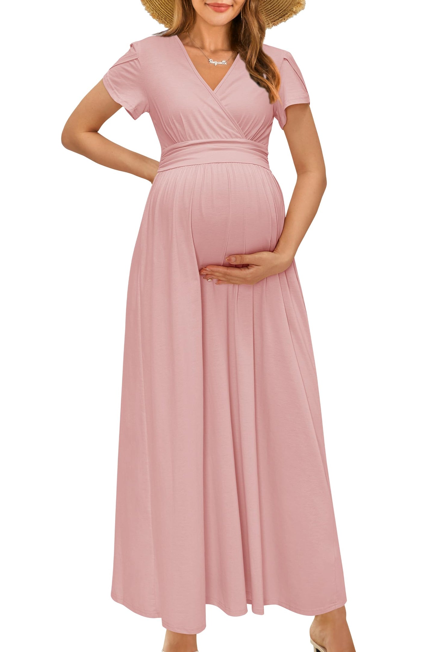 OUGES Maternity Maxi Dress Wrap Baby Shower Pregnancy Dresses for Photoshoot Maternity Outfits Summer Clothes 2026
