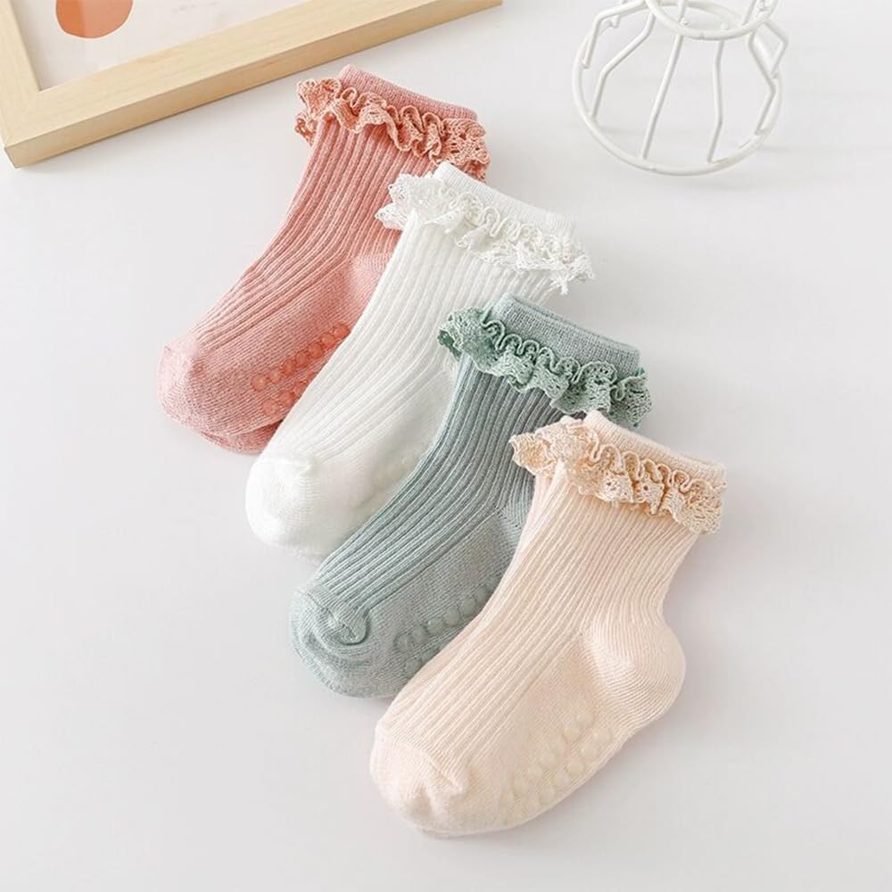 DRESHOW BQUBO Baby Girls Toddler Anti Slip Socks - Cute Frilly Ruffle Grip Ankle Socks for Infant Toddler