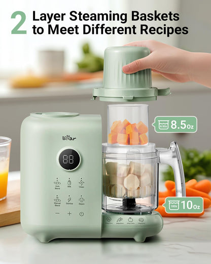 Bear Baby Food Maker with 18.5oz Dual-Layer Steam Baskets, OneStep Baby Food Processor Steamer Puree Blender Grinder Mills, Auto Cooking Grinding&Sterili-zing for Healthy Homemade Baby Food, BPA-Free
