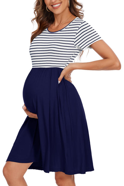 Women's Short Sleeve Maternity Dress Patchwork Pregnancy Clothes with Pockets