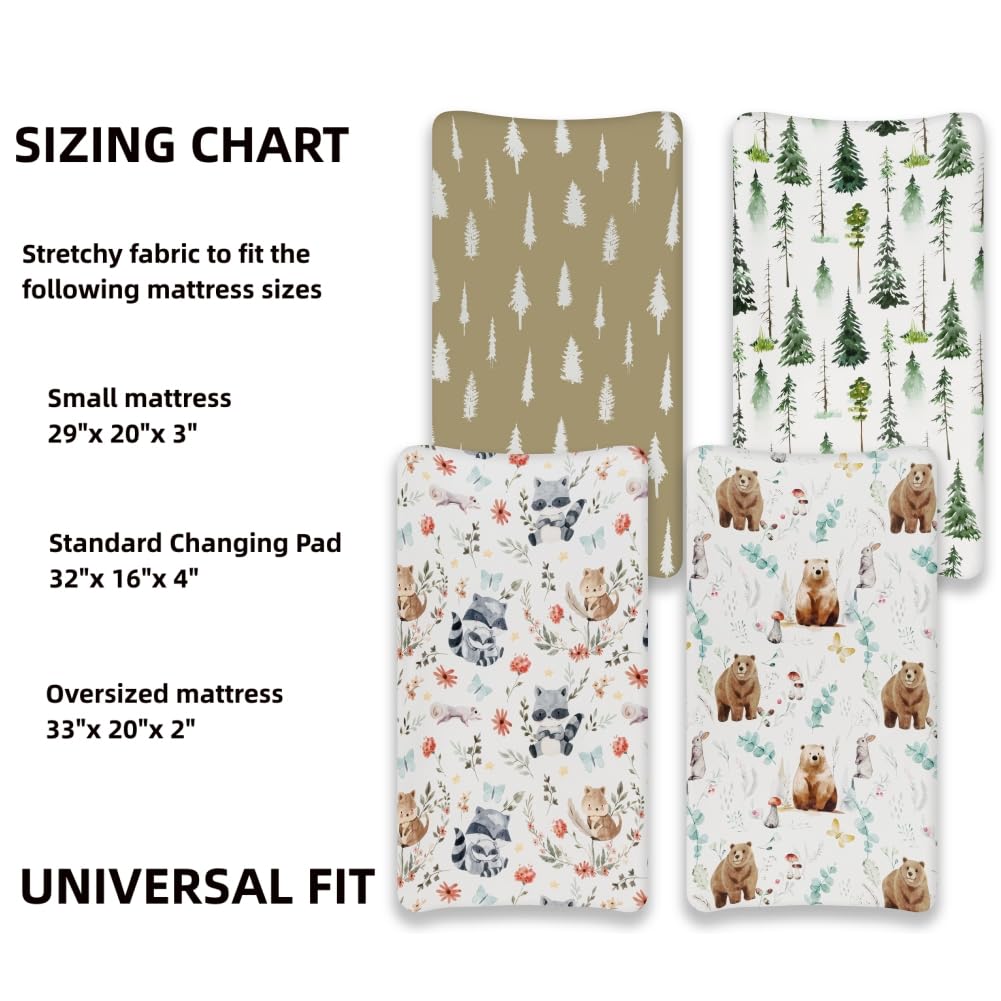 4 Pack Changing Pad Covers Woodland Forest Animals Wood Neutral Unisex Fitted Baby Changing Pad Cover Set for Baby Boys or Girls