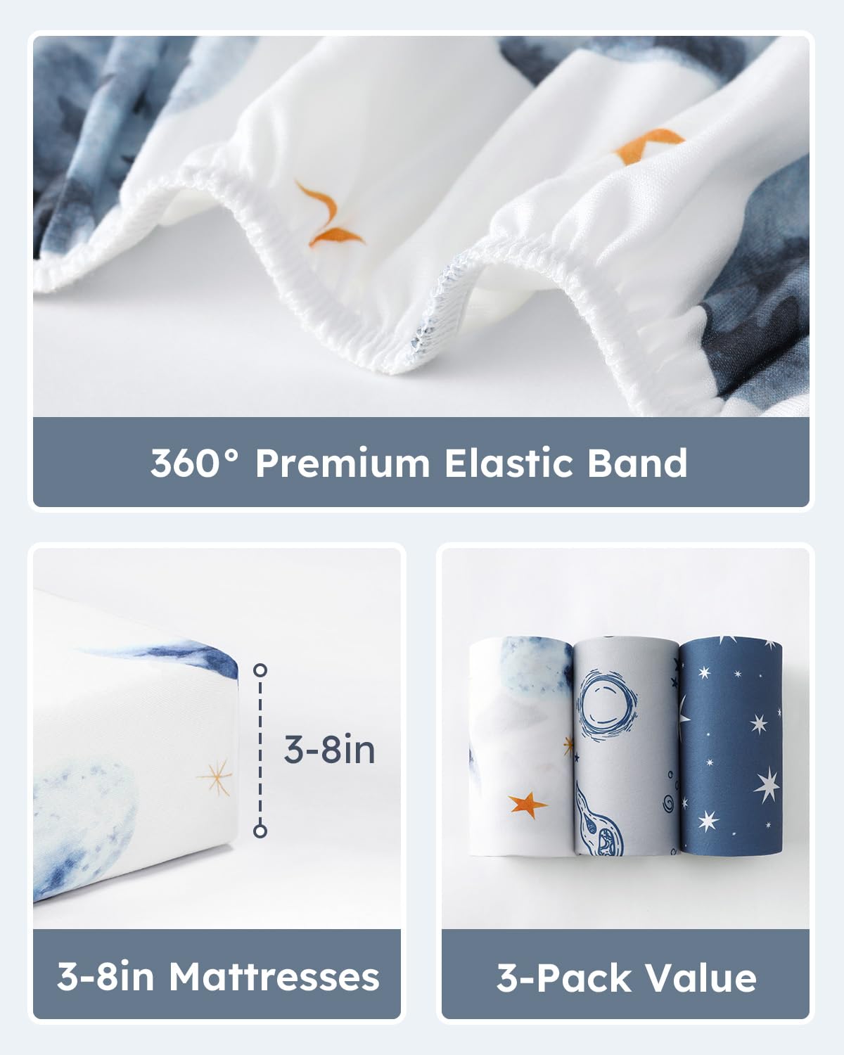 Unnivoll Baby Crib Sheets for Boys Girls, 28x52x8in Fitted Crib Sheet Neutral 3 Pack for Standard Crib and Toddler Mattress, Breathable Soft Microfiber Baby Sheet Blue Gray Planet