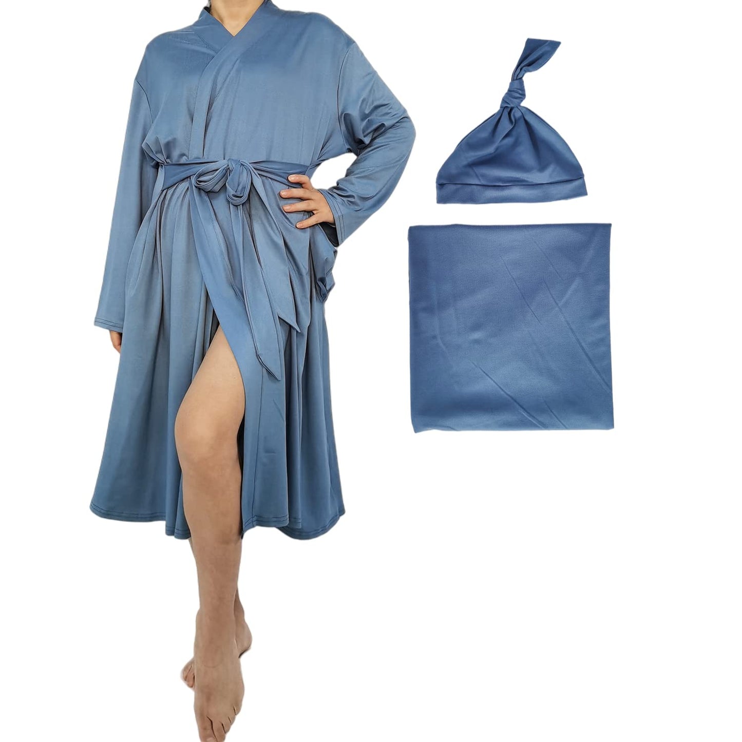 SUFEINI Maternity Robe and Matching Baby Swaddle Blanket Set, Mommy Robe with Receiving Blanket Girls Boys Sleepwear