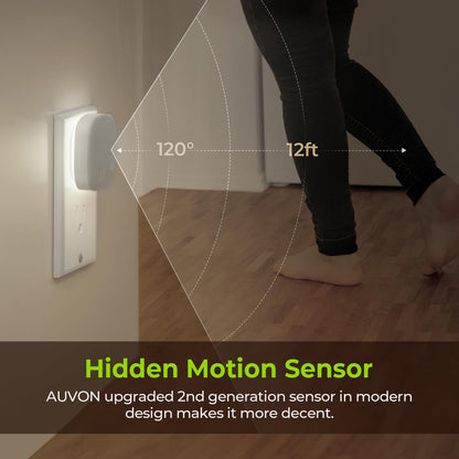AUVON Plug-in LED Backlit Night Light with Motion Sensor & Dusk to Dawn Sensor, Dimmable Warm White Nightlight with 1-50 lm Adjustable Brightness for Bedroom, Bathroom, Stairs, Hallway (4 Pack)