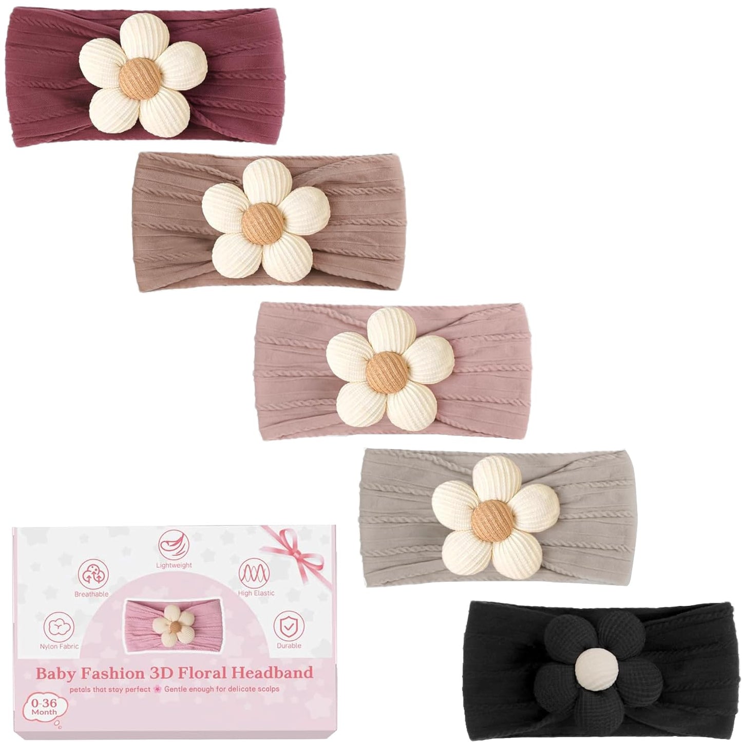 CÉLLOT 5 Pcs Baby Flower Headbands Baby Girls Nylon Headbands Soft Hairbands Hair Accessories for Newborn Infant Toddler Kids