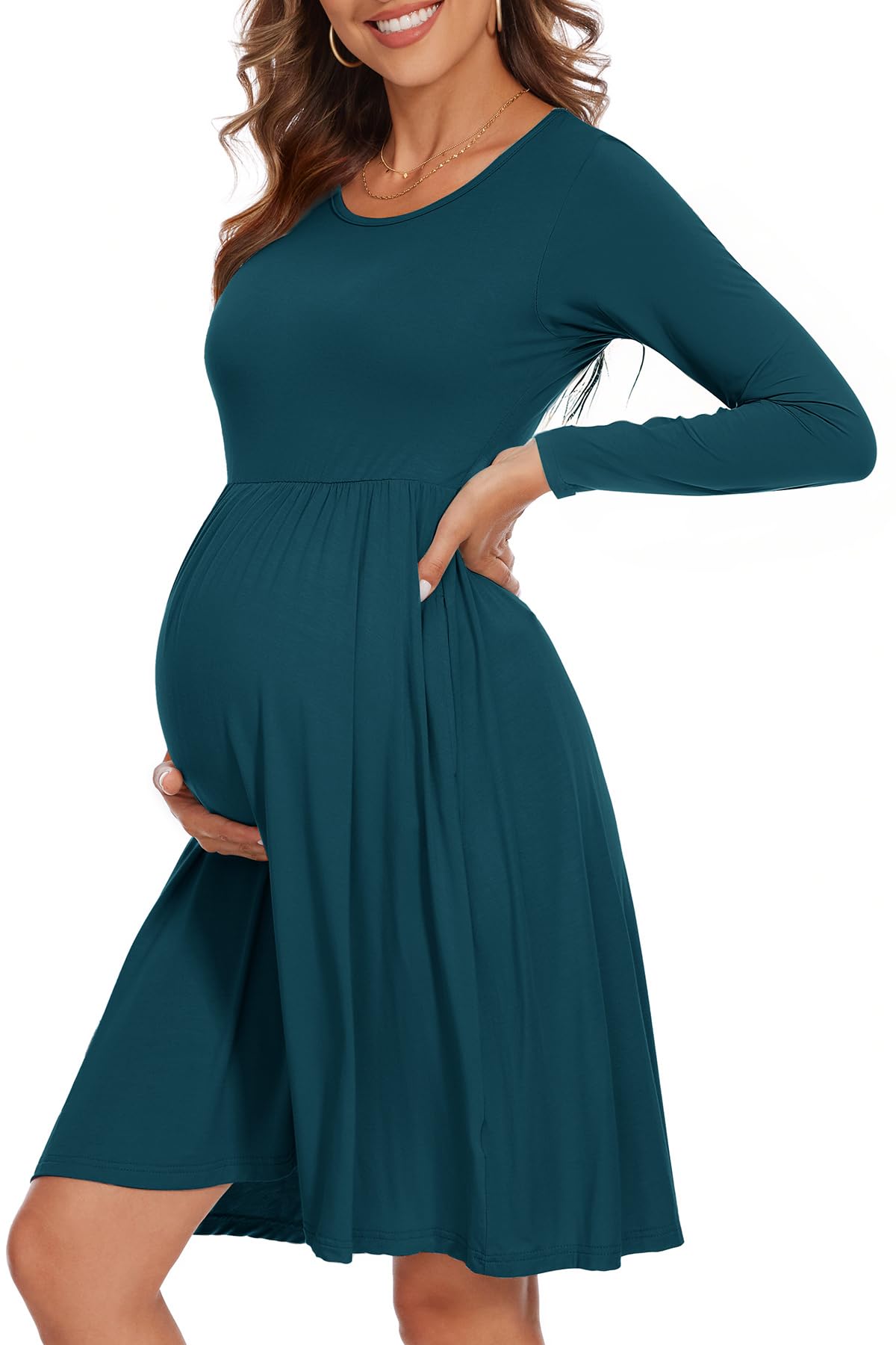 Women's Short Sleeve Maternity Dress Patchwork Pregnancy Clothes with Pockets
