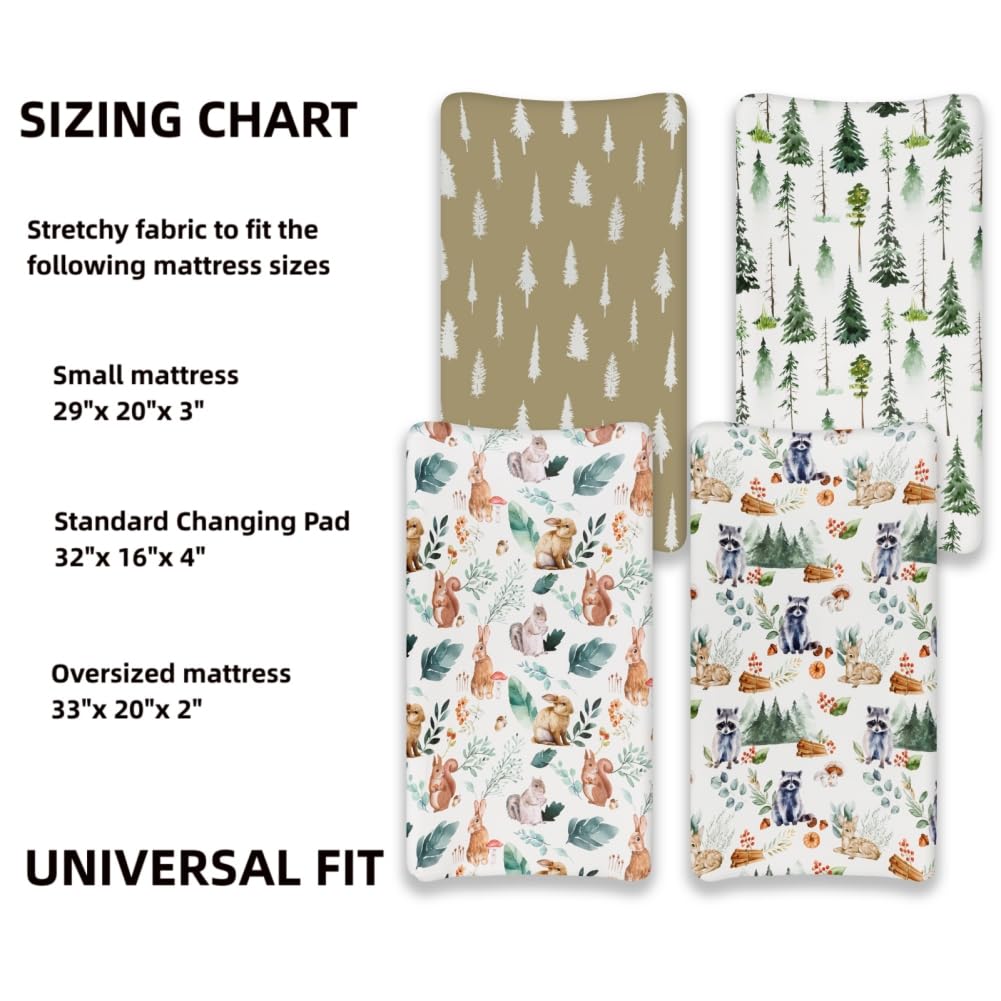 4 Pack Changing Pad Covers Woodland Forest Animals Wood Neutral Unisex Fitted Baby Changing Pad Cover Set for Baby Boys or Girls