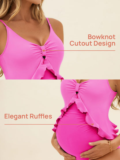 Summer Mae Maternity Swimsuit One Piece Ruffle Cutout Pregnancy Bathing Suit Lace Up Swimwear