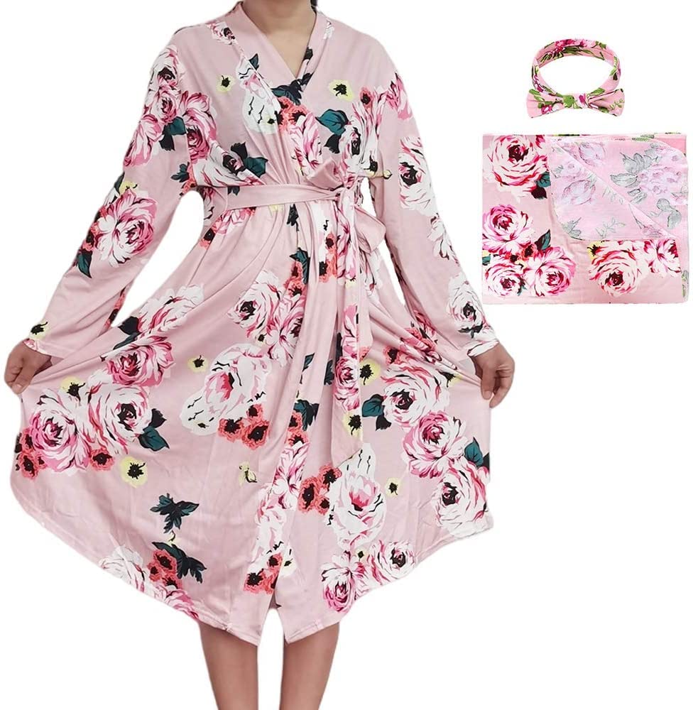 SUFEINI Maternity Robe and Matching Baby Swaddle Blanket Set, Mommy Robe with Receiving Blanket Girls Boys Sleepwear