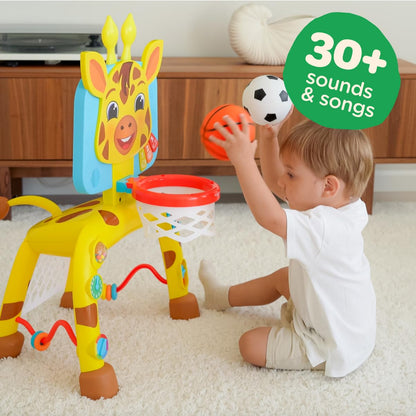 Move2Play, Dinosaur Basketball Hoop & Soccer Goal Activity Center | 30+ Sounds & Songs + 5 Lights | 1 2 3 Year Old for Boys and Girls | Toy & Gift for Baby & Toddlers