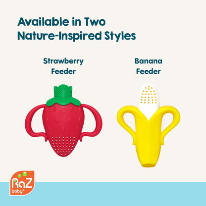 RaZbaby Baby Solids/Frozen Fruit Feeder Pacifier, Infant Teether Toy 6M+, BPA-Free, Safely Introduce Solids, Natural Teething Relief, Dishwasher Safe, Freezable – Blue & Orange 2-Pack