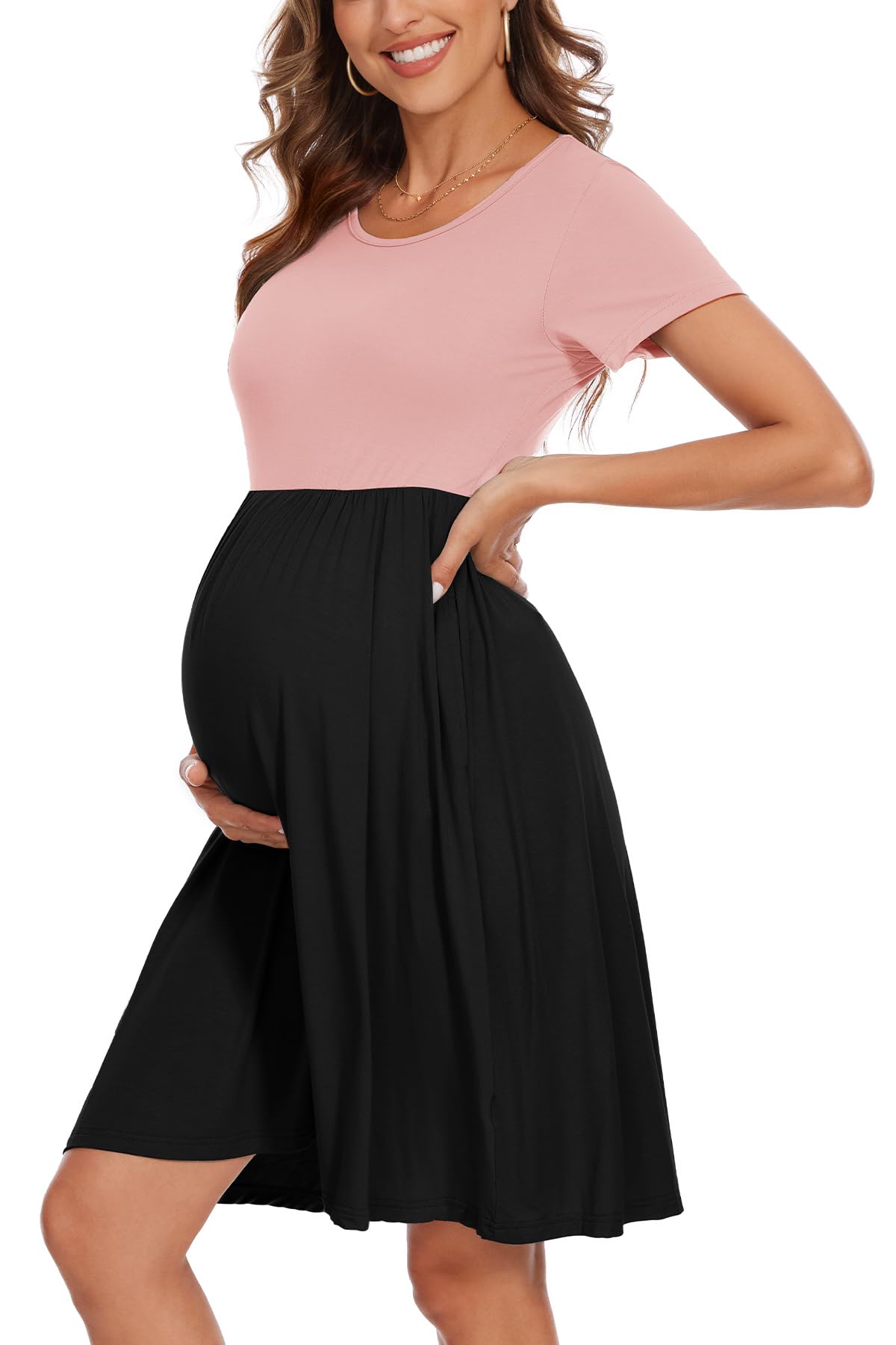Women's Short Sleeve Maternity Dress Patchwork Pregnancy Clothes with Pockets