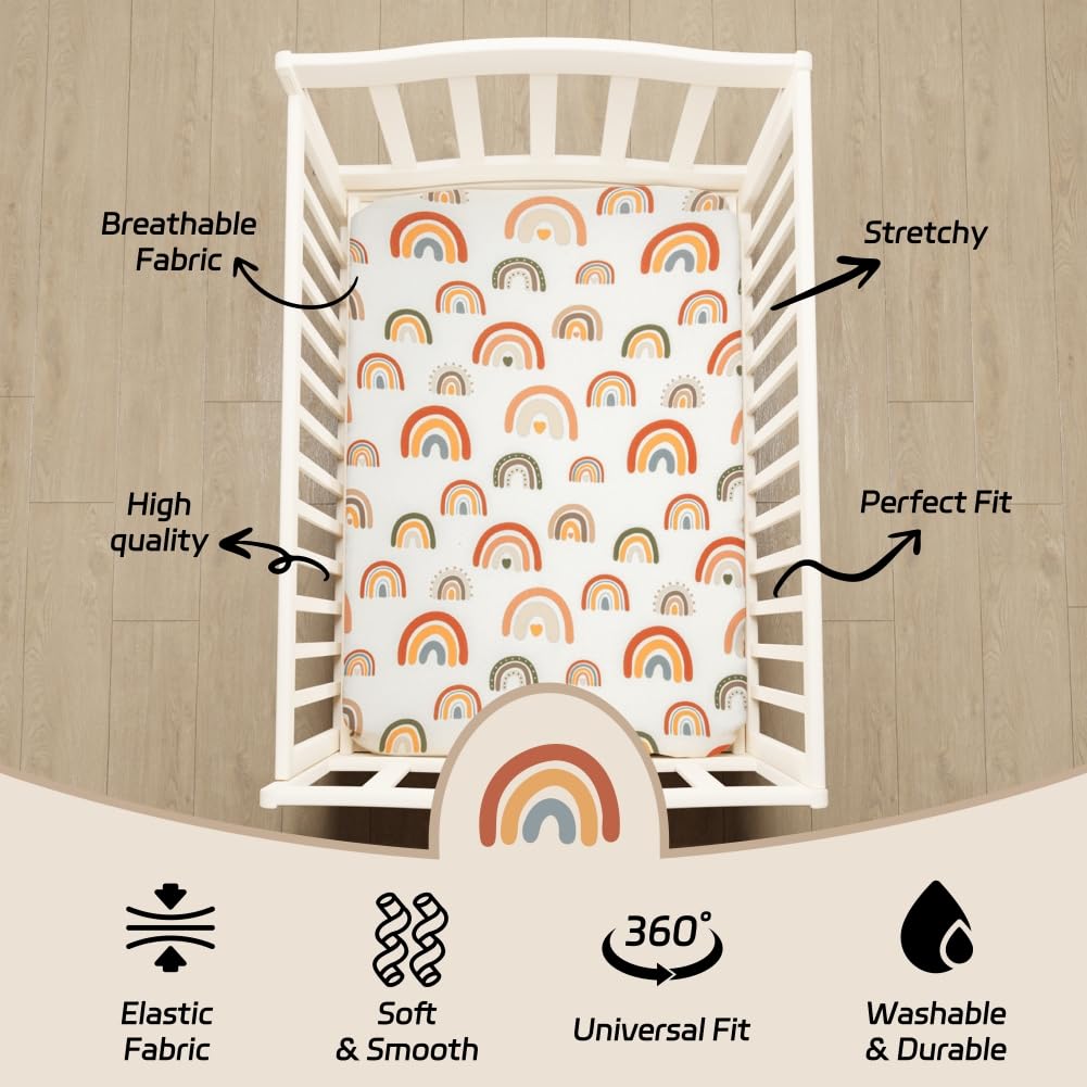 4 Pack Crib Sheets Boho Nursery Sheets Sunshine and Rainbow Desdign Neutral Unisex Fitted Baby Standard Crib Sheets for Baby Boys or Girls (Crib Sheets)