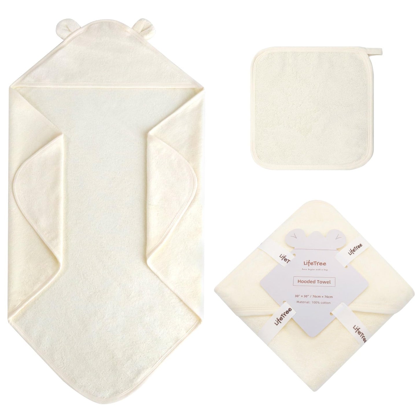 LifeTree 1 Pack Baby Hooded Towel with 1 Pack Washcloth for Newborn, 100% Cotton Bath Towel for Babies, Infant, Toddler and Kids, Thick,Soft and Absorbent, 30 * 30 Inches, Newborn Essentials, Pink