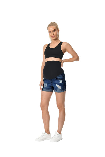 V VOCNI Maternity Denim Shorts Women's Summer High Waist Distressed Cuffed Hem Casual Denim Jean Shorts