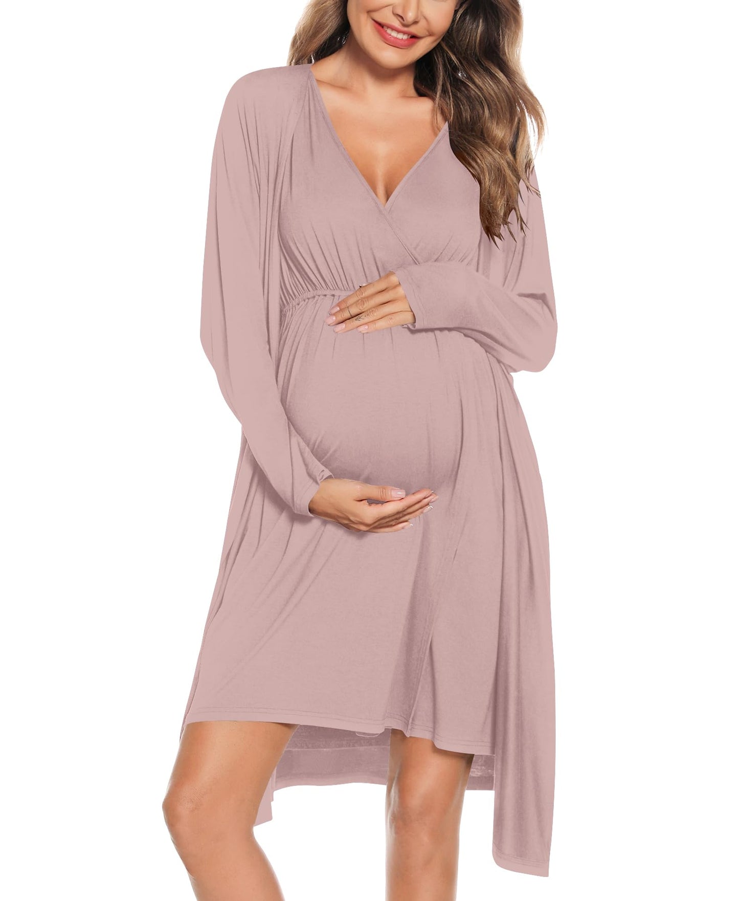 SWOMOG Women Maternity Nursing Gown and Robe Set 3 in 1 Labor Delivery Nursing Nightgown for Breastfeeding Hospital Bathrobe