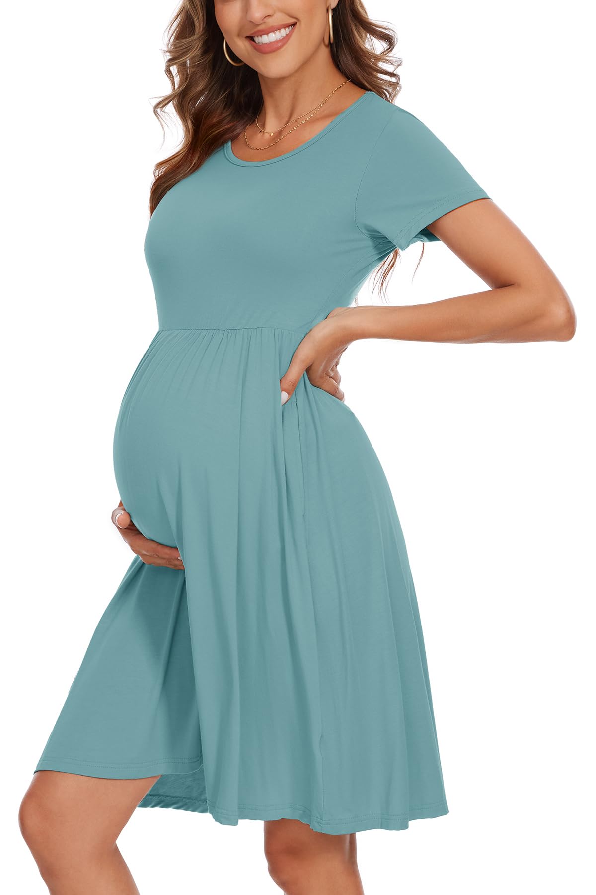 Women's Short Sleeve Maternity Dress Patchwork Pregnancy Clothes with Pockets