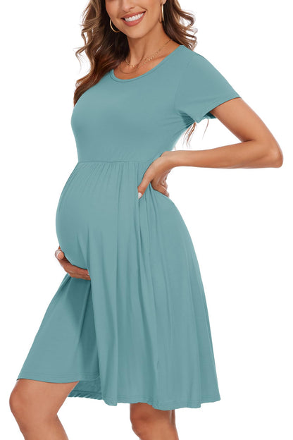 Women's Short Sleeve Maternity Dress Patchwork Pregnancy Clothes with Pockets