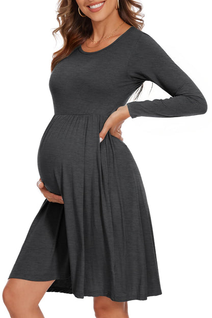Women's Short Sleeve Maternity Dress Patchwork Pregnancy Clothes with Pockets