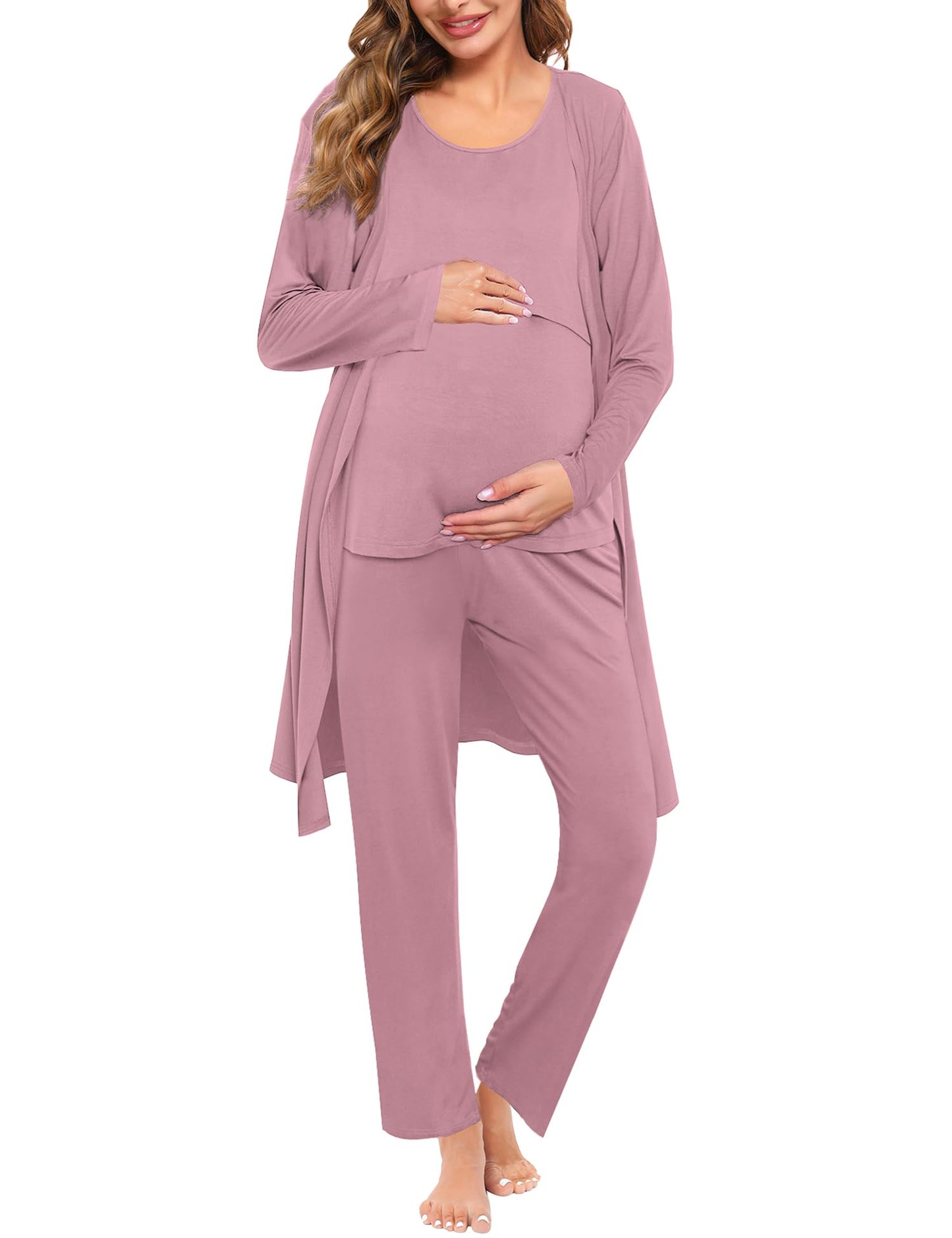 SWOMOG Maternity Nursing Robe Set 3 PCS Women Postpartum Pajamas Breastfeeding Labor Delivery Hospital Pregnancy Pjs