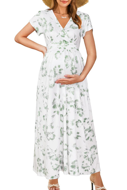 OUGES Maternity Maxi Dress Wrap Baby Shower Pregnancy Dresses for Photoshoot Maternity Outfits Summer Clothes 2026