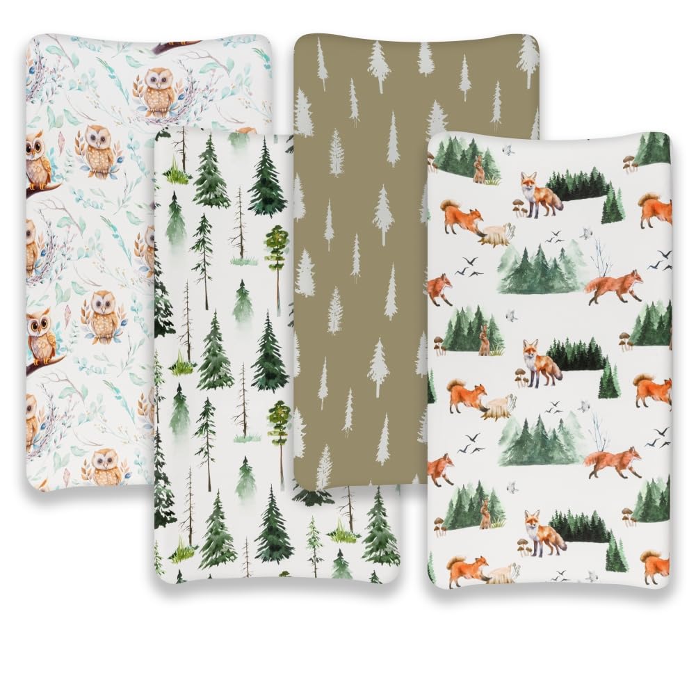 4 Pack Changing Pad Covers Woodland Forest Animals Wood Neutral Unisex Fitted Baby Changing Pad Cover Set for Baby Boys or Girls