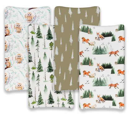 4 Pack Changing Pad Covers Woodland Forest Animals Wood Neutral Unisex Fitted Baby Changing Pad Cover Set for Baby Boys or Girls