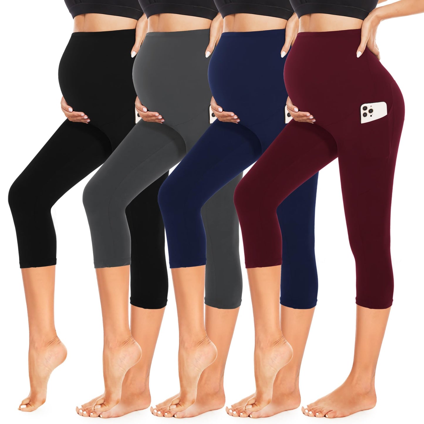 4 Pack Women’s Maternity Leggings with Pockets Over The Belly Butt Lift - Soft Workout Pregnancy Yoga Pants