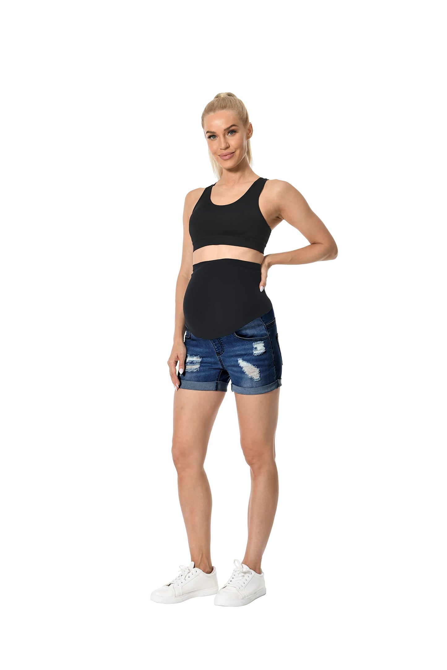 V VOCNI Maternity Denim Shorts Women's Summer High Waist Distressed Cuffed Hem Casual Denim Jean Shorts