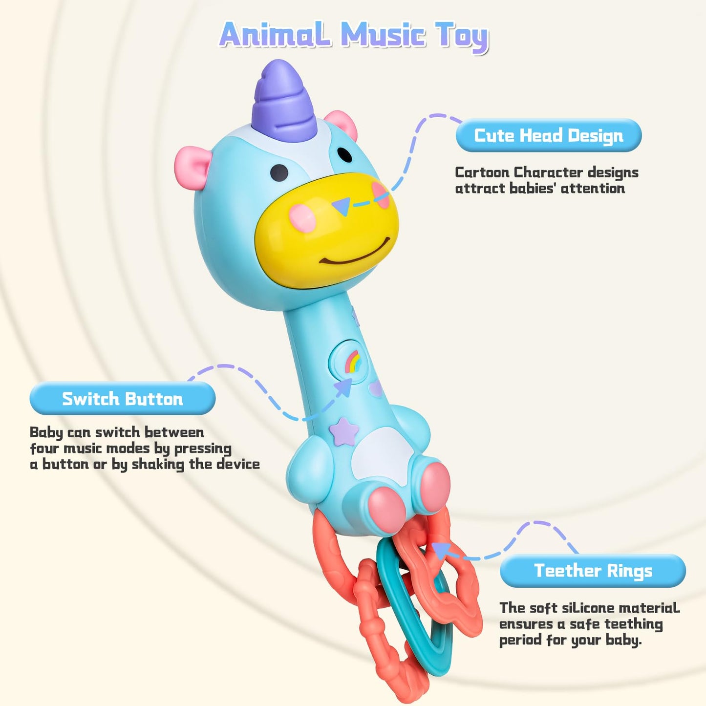 Musical Baby Rattle Toy, Soft Silicone Infant Teething Light-Up Rattle for Sensory Development, Easy Grasp Newborn Toy for 0-3-6-12 Months, Safe Early Learning Gift for Boys Girls