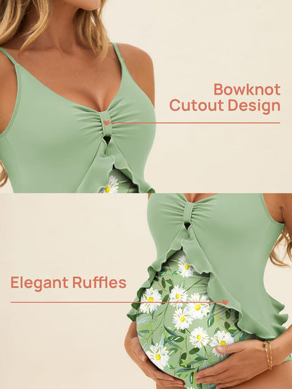 Summer Mae Maternity Swimsuit One Piece Ruffle Cutout Pregnancy Bathing Suit Lace Up Swimwear